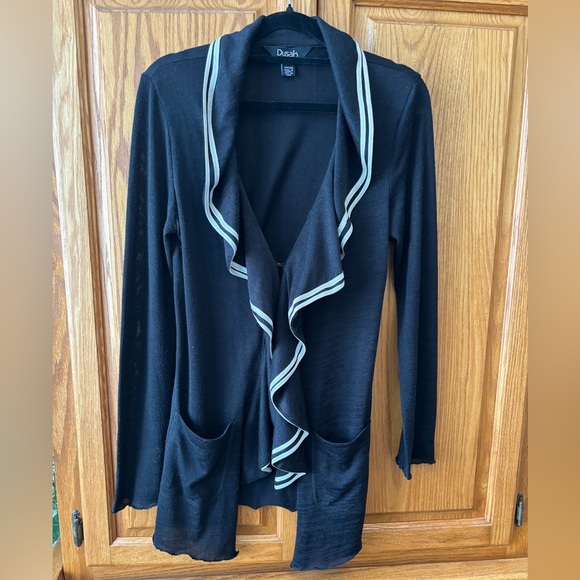 #64 Dusak Black Ruffle Cascading Cardigan Sweater XS - Picture 2 of 9